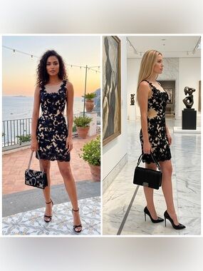 Decode Black Embroidered Appliqué Mesh Cocktail Mini Dress Wedding Guest 4